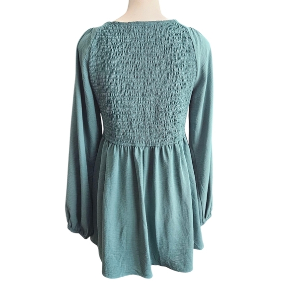 Jodifl Long Sleeve Teal V-Neck Mini Dress Size Large NWT Milkmaid Coquette - Picture 3 of 8